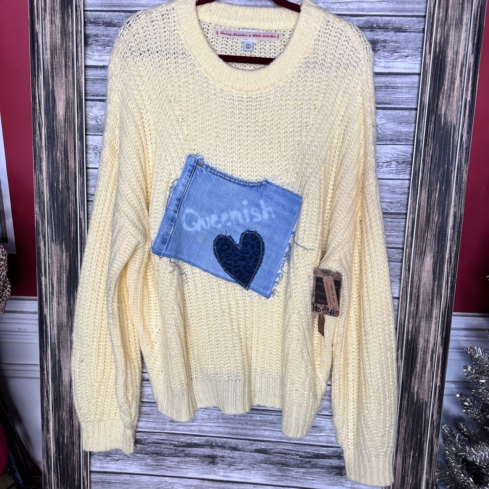 Women's Upcycled Recycled Handmade Artisan Yellow Sweater Queen Denim Patchwork